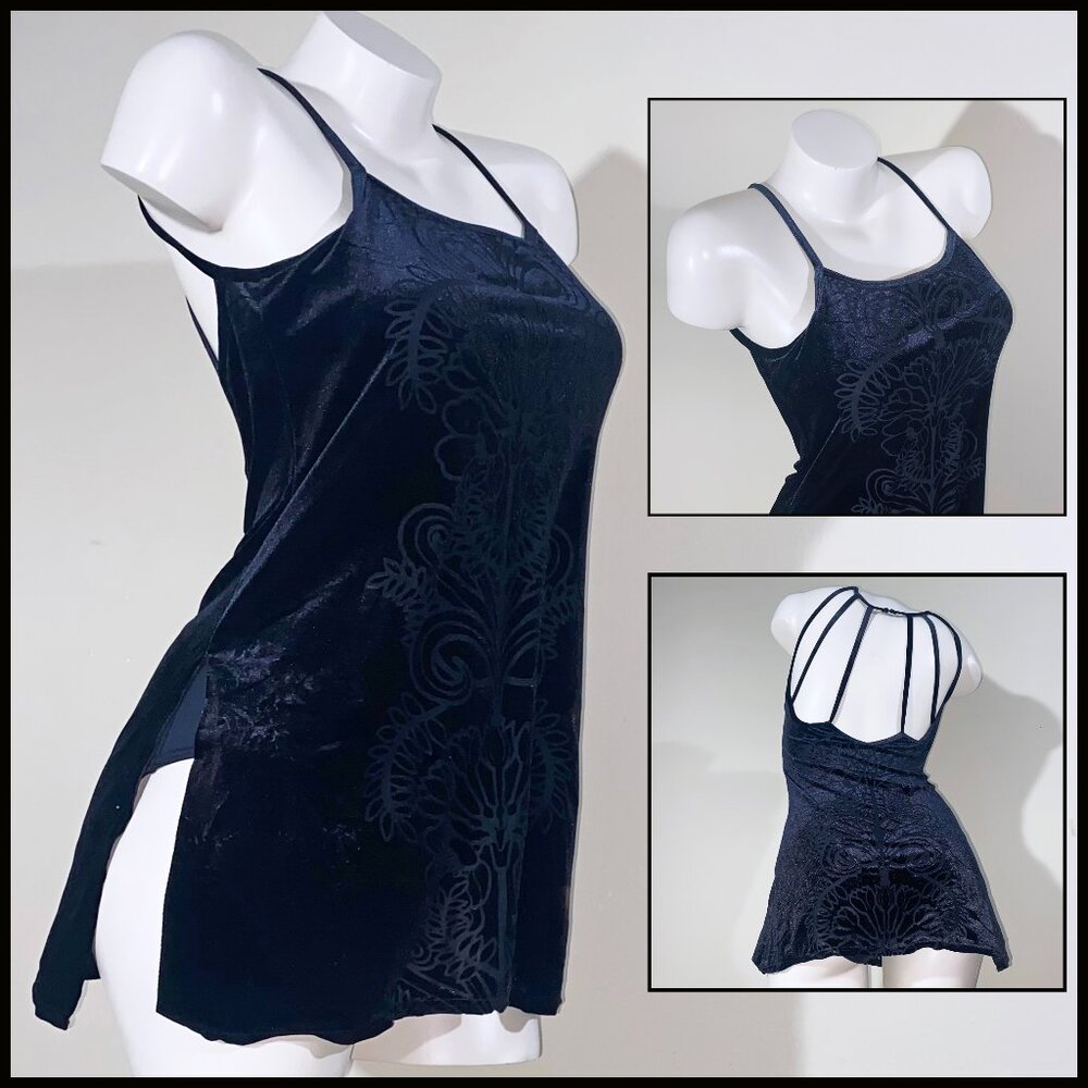 PRE-LOVED WEISSMAN S BLACK VELVETY DANCE COSTUME DRESS W/ PRETTY BURNOUT PATTERN